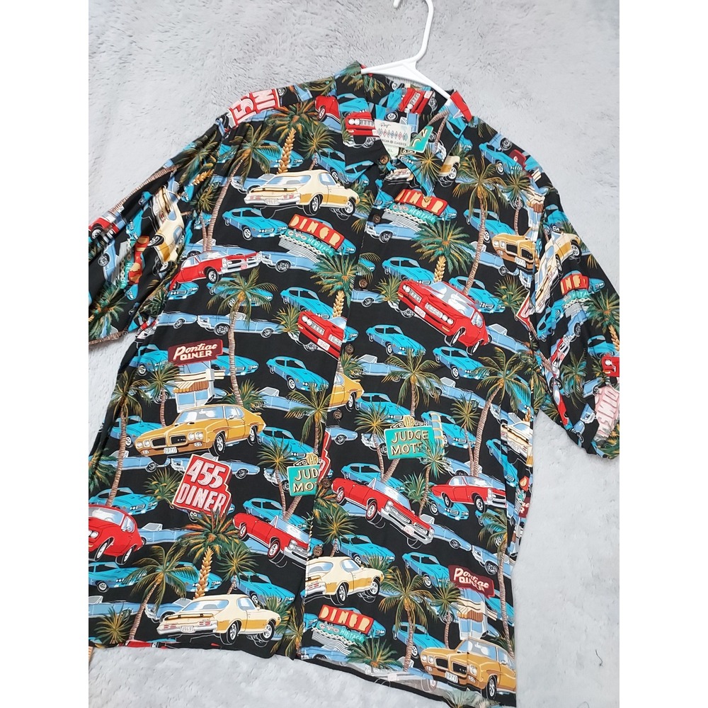 Reyn Spooner Shirt Mens XL GTO Pontiac Muscle Car Diner Rayon Hawaiian Black